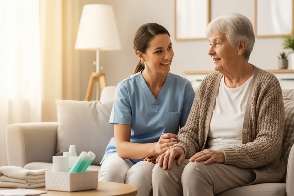 Caregiver helping a senior with housekeeping and daily comfort tasks
